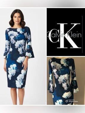 Calvin Klein Navy and White Floral Midi Dress